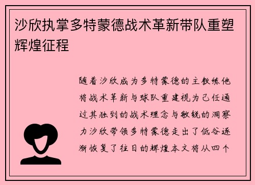沙欣执掌多特蒙德战术革新带队重塑辉煌征程