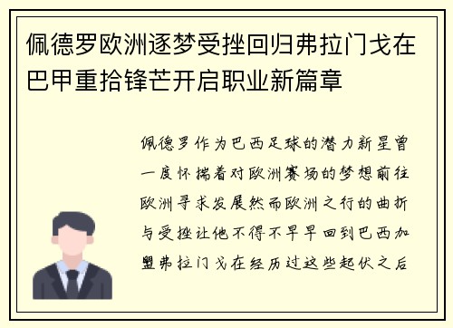 佩德罗欧洲逐梦受挫回归弗拉门戈在巴甲重拾锋芒开启职业新篇章