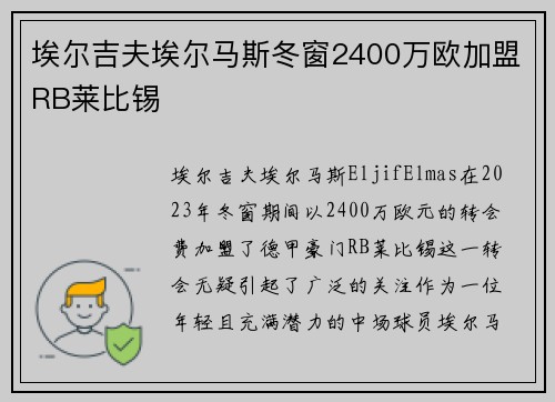 埃尔吉夫埃尔马斯冬窗2400万欧加盟RB莱比锡